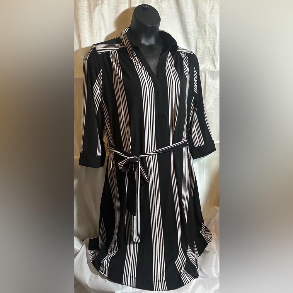 INC International Concepts Black & White Stripe Shirt Dress 1X Belted